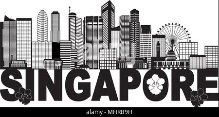 Singapore City Skyline Silhouette Outline Panorama Text Black Isolated on White Background Illustration Stock Vector