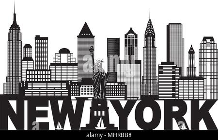 New York City Skyline with Statue of Liberty and text Black and White Outline Illustration Stock Vector