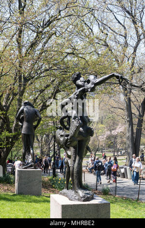 The Tempest Statue by Milton Herald at The Delacorte Theater in Central Park Depicts Prospero and Miranda, NYC, USA Stock Photo