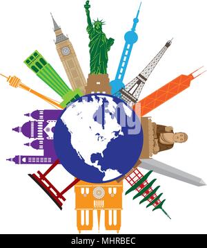 World Globe Travel with Country of tourist attraction destination places from Europe Asia United States Color Illustration Stock Vector