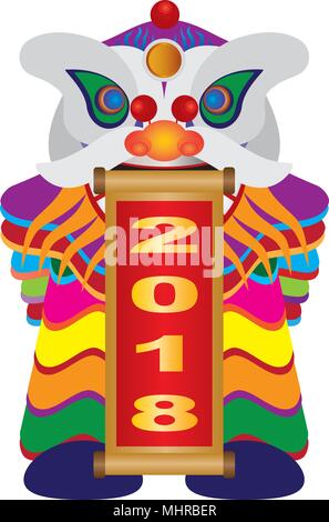 Chinese New Year Colorful Lion Dance Holding Scroll with Numerals 2018 Happy New Year Isolated on White Background Illustration Stock Vector