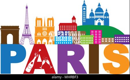 Paris France City Skyline Outline Silhouette Color with Champagne Bottle Glass Isolated on White Background Panorama Illustration Stock Vector