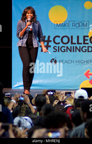 Philadelphia, USA. 2nd May 2018Michelle Obama is joined by students, stars, performing artists and athletes for the fifth  annual College Signing Day, hosted by Reach Higher, at Temple UniversityÕs Liacouras Center in North Philadelphia, on May 2, 2018. The Former First Lady is joined by 7.000 students and (on stage) stars, performing artists and athletes including Bradley Cooper, Rebel Wilson, Zendaya, Robert De Niro, Camila Cabello, Questlove, Anthony Mackie and Janelle Monae. Credit: Bastiaan Slabbers/Alamy Live News Stock Photo