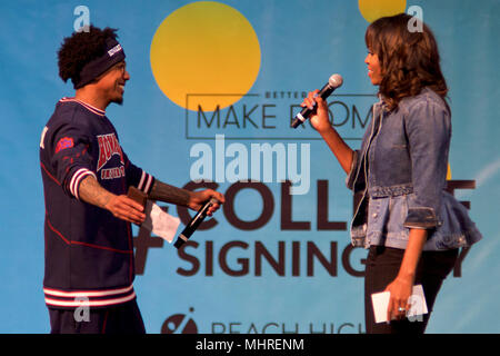Philadelphia, USA. 2nd May 2018Michelle Obama is joined by students, stars, performing artists and athletes for the fifth  annual College Signing Day, hosted by Reach Higher, at Temple University’s Liacouras Center in North Philadelphia, on May 2, 2018. The Former First Lady is joined by 7.000 students and (on stage) stars, performing artists and athletes including Bradley Cooper, Rebel Wilson, Zendaya, Robert De Niro, Camila Cabello, Questlove, Anthony Mackie and Janelle Monae. Credit: Bastiaan Slabbers/Alamy Live News Stock Photo