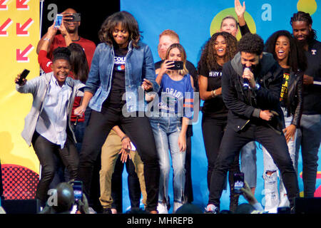 Philadelphia, USA. 2nd May 2018Michelle Obama is joined by students, stars, performing artists and athletes for the fifth  annual College Signing Day, hosted by Reach Higher, at Temple University’s Liacouras Center in North Philadelphia, on May 2, 2018. The Former First Lady is joined by 7.000 students and (on stage) stars, performing artists and athletes including Bradley Cooper, Rebel Wilson, Zendaya, Robert De Niro, Camila Cabello, Questlove, Anthony Mackie and Janelle Monae. Credit: Bastiaan Slabbers/Alamy Live News Stock Photo