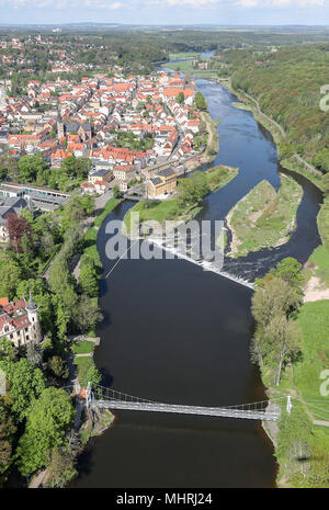 26.04.2018 Saxony, Grimma: View of the small Saxon town on the Mulde. About 90 percent of the 2.1 kilometer long flood protection system is completed by now. On Saturday (5 May) almost 100 volunteers from the water and fire department rehearse the flood emergency. The already completed goose, which is up to nine meters wide, four meters high and 20 tons heavy, is to be closed as soon as possible. The European Union and the Free State of Saxony have invested about 60 million euros in one of Saxony's most important flood protection projects. Grimma was severely devastated by the Mulde flood in 2 Stock Photo