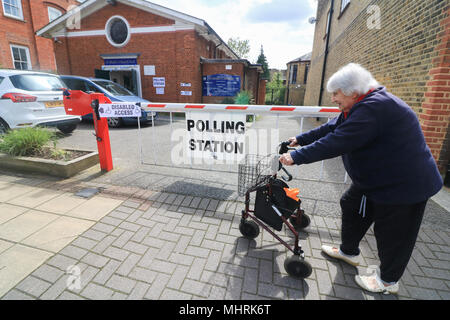 Wimbledon London UK. 3rd May 2018. Polling stations open in Wimbledon  as voters head to the polls to elect councils across  London Boroughs and cast their ballots in 156 areas across the country today, to elect  councillors and local mayors as more than 4000 council seats are being contested. Polling stations around England open at 07:00 BST and close at 22:00 BST Stock Photo