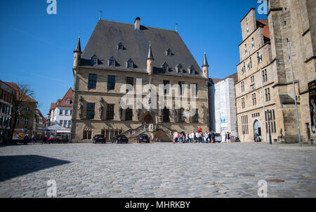 19 April 2018, Germany, Osnabrueck: The historical city hall of Osnabrueck. Photo: Guido Kirchner/dpa Stock Photo