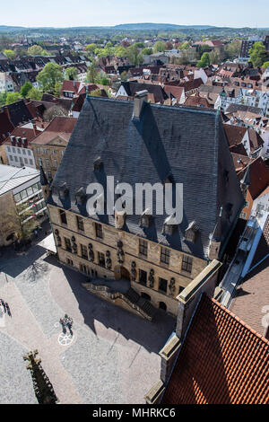 19 April 2018, Germany, Osnabrueck: A view from above shows the historical city hall of Osnabrueck. Photo: Guido Kirchner/dpa Stock Photo