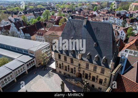 19 April 2018, Germany, Osnabrueck: A view from above shows the historical city hall of Osnabrueck, which houses the Friedenssaal (lit. peace hall). Photo: Guido Kirchner/dpa Stock Photo
