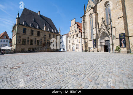 19 April 2018, Germany, Osnabrueck: The historical city hall of Osnabrueck, which houses the Friedenssaal (lit. peace hall). Photo: Guido Kirchner/dpa Stock Photo