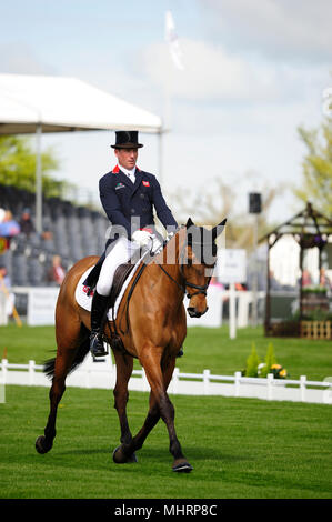Gloucestershire, UK. 3rd May 2018. Oliver Townend riding Cooley SRS  during the Dressage Phase of the 2018 Mitsubishi Motors Badminton Horse Trials, Badminton, United Kingdom. Jonathan Clarke/Alamy Live News Stock Photo