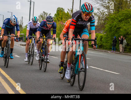 South Yorkshire, UK. 3rd May 2018. These cyclists were the first five to cross the Doncaster finish line and included four British riders in today's Tour de Yorkshire - taken on Bawtry Road at about the moment when Harry Tanfield, the winner and a Yorkshireman, said to the other four, 'Ride! We can do it! We can do it!' Rebecca Cole/Alamy Live News Stock Photo