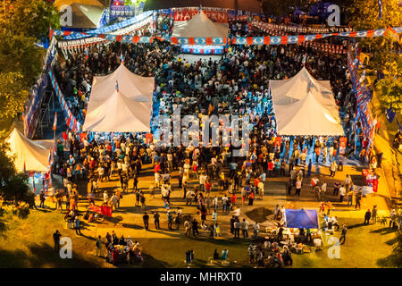 Aerial view of Pakatan Harapan politic campaign seen at Kuala Lumpur.  Malaysia will hold 14th General Election on 9th May 2018 and it’s less than 1 week for political parties to hold their political campaign and manifesto. Pakatan Harapan the opposition party seen blaze with hundreds of people attend their political campaign. Stock Photo