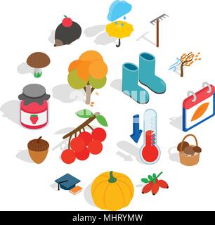 Autumn icons set, isometric 3d style Stock Vector