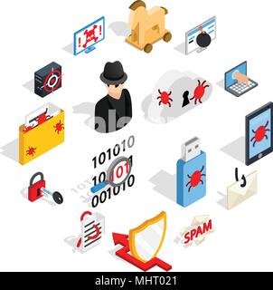 Hacking icons set, isometric 3d style Stock Vector