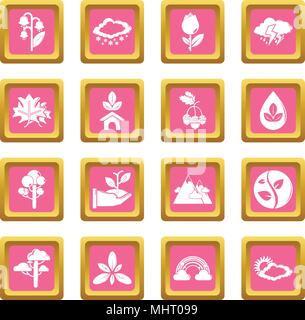 Nature icons set pink square vector Stock Vector
