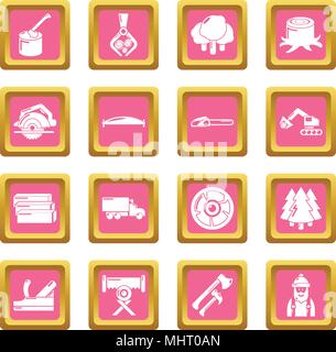 Timber industry icons set pink square vector Stock Vector