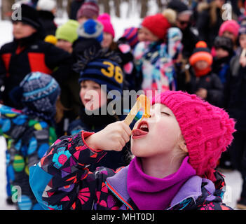 A young girl (5 yr old), eyes closed in blissful expectation, eating maple syrup taffy on a stick in Quebec Canada