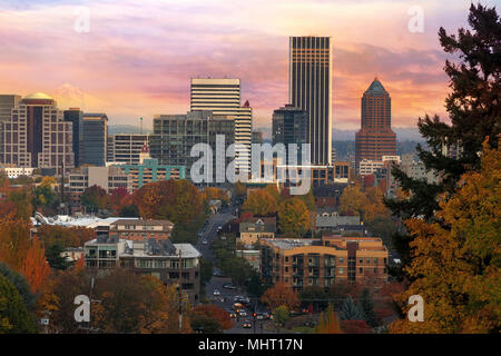 Portland Oregon downtown cityscape with Mount Hood during colorful sunrise in Fall season Stock Photo