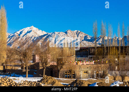 Snow covered white mountains in Leh city, Ladakh, India. Stock Photo