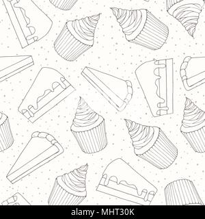 Hand drawn vector bakery seamless pattern with cake pieces and cupcakes covered with cream topping. Sweet  food outline in sketchy style on the dotted Stock Vector