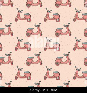 Hand drawn vector seamless pattern with retro scooters on the pink polka dot background. Vintage design. Stock Vector