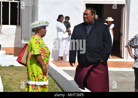 AITUTAKI, COOK ISLAND - AUGUST, 27 2017 - Local people at the christian mass wearing traditional colorful polynesian dress Stock Photo
