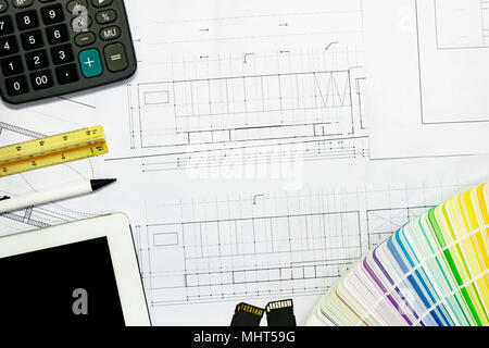 background architects project.blueprint,ruler,pen and Color samples.Concept architects.pointing equipment on the desk with a blueprint in the office.S Stock Photo
