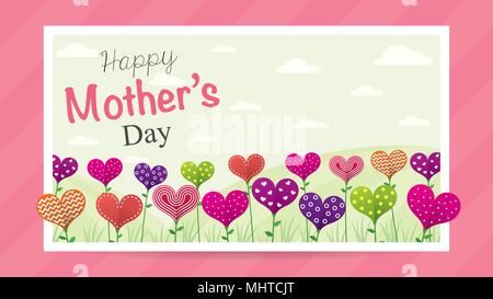 Happy Mother's Day greeting card. Field of flowers in the shape of a heart of different colors inside a white frame on a pink background Stock Vector