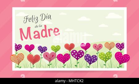 Happy Mother's Day in Spanish language. greeting card. Field of flowers in the shape of a heart of different colors inside a white frame on pink color Stock Vector