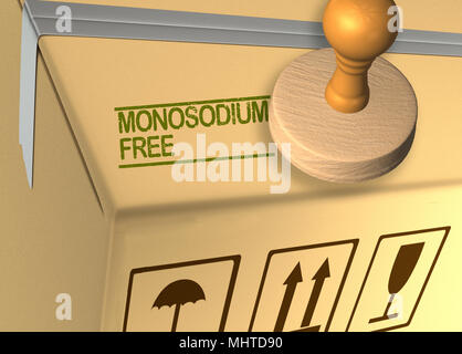 3D illustration of MONOSODIUM FREE stamp title on a carton which contains food Stock Photo