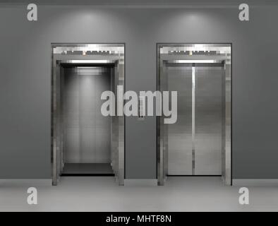 Chrome metal office building elevator doors. Open and closed variant. Realistic vector illustration gray wall panels office building elevator. Stock Vector