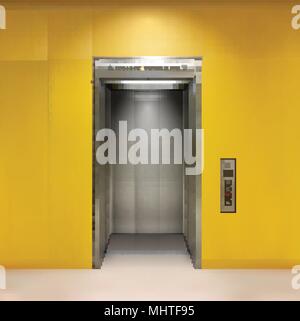 Chrome metal office building elevator doors. Open and closed variant. Realistic vector illustration yellow wall panels office building elevator. Stock Vector