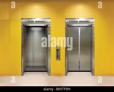 Chrome metal office building elevator doors. Open and closed variant. Realistic vector illustration yellow wall panels office building elevator. Stock Vector