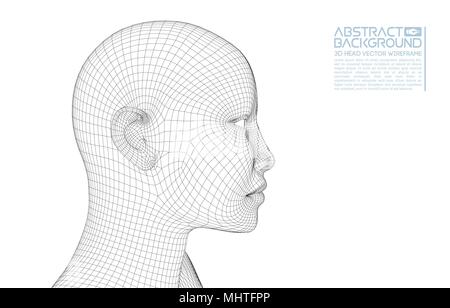 Ai digital brain. Artificial intelligence concept. Human head in robot digital computer interpretation. Wireframe head concept. Stock Vector