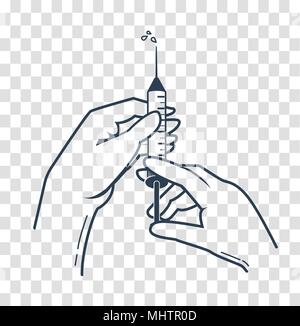 hands of a nurse in medical gloves press syringe ready to inject shot vector illustration. Vaccination or medical injection image.  Icon, silhouette i Stock Vector