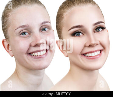 Portrait of woman before and after makeup. Stock Photo