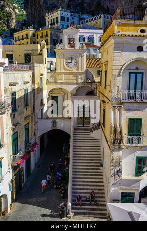 Staircase and clock tower in Atrani, Amalfi Coast, Italy Stock Photo