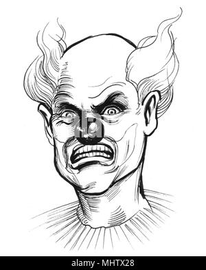 Angry clown face. Ink black and white illustratioon Stock Photo