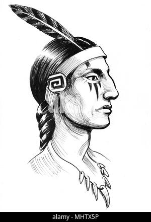 Indian warrior. Ink black and white illustration Stock Photo - Alamy