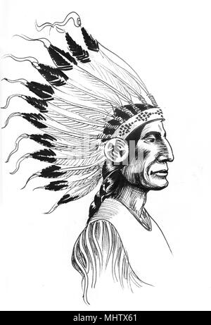 Indian warrior. Ink black and white drawing Stock Photo - Alamy