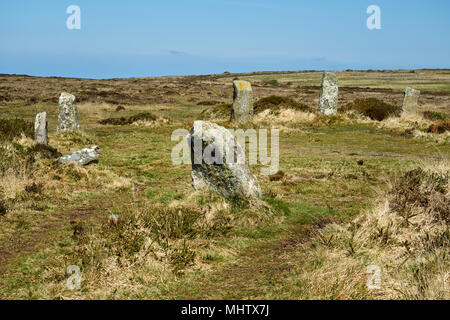 Nine Maidens Bronze Age Stone Circle also known as Boskednan Stone Circle or Nine stones of Boskednan. Near Men an Tol holed stone in Cornwall UK Stock Photo