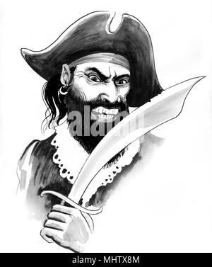 Pirate with a black beard. Ink black and white drawing Stock Photo - Alamy