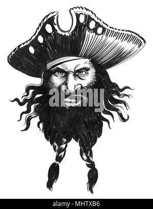Mad pirate captain. Ink black and white illustration Stock Photo