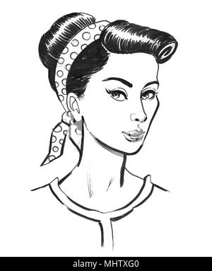 Pretty woman with a pin-up styled hair. ink black and white illustration Stock Photo