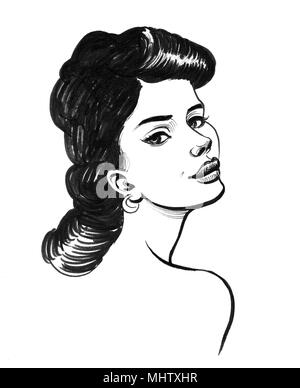 Pretty pin-up girl. Ink black and white illustration Stock Photo
