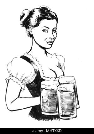 Blonde German waitress with a beer mugs Stock Photo