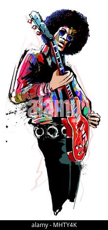 Guitar player with red electric guitar - vector illustration Stock Vector