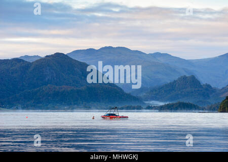 Looking south over Derwent Water at dawn from Keswick in the Lake District National Park in Cumbria, England Stock Photo